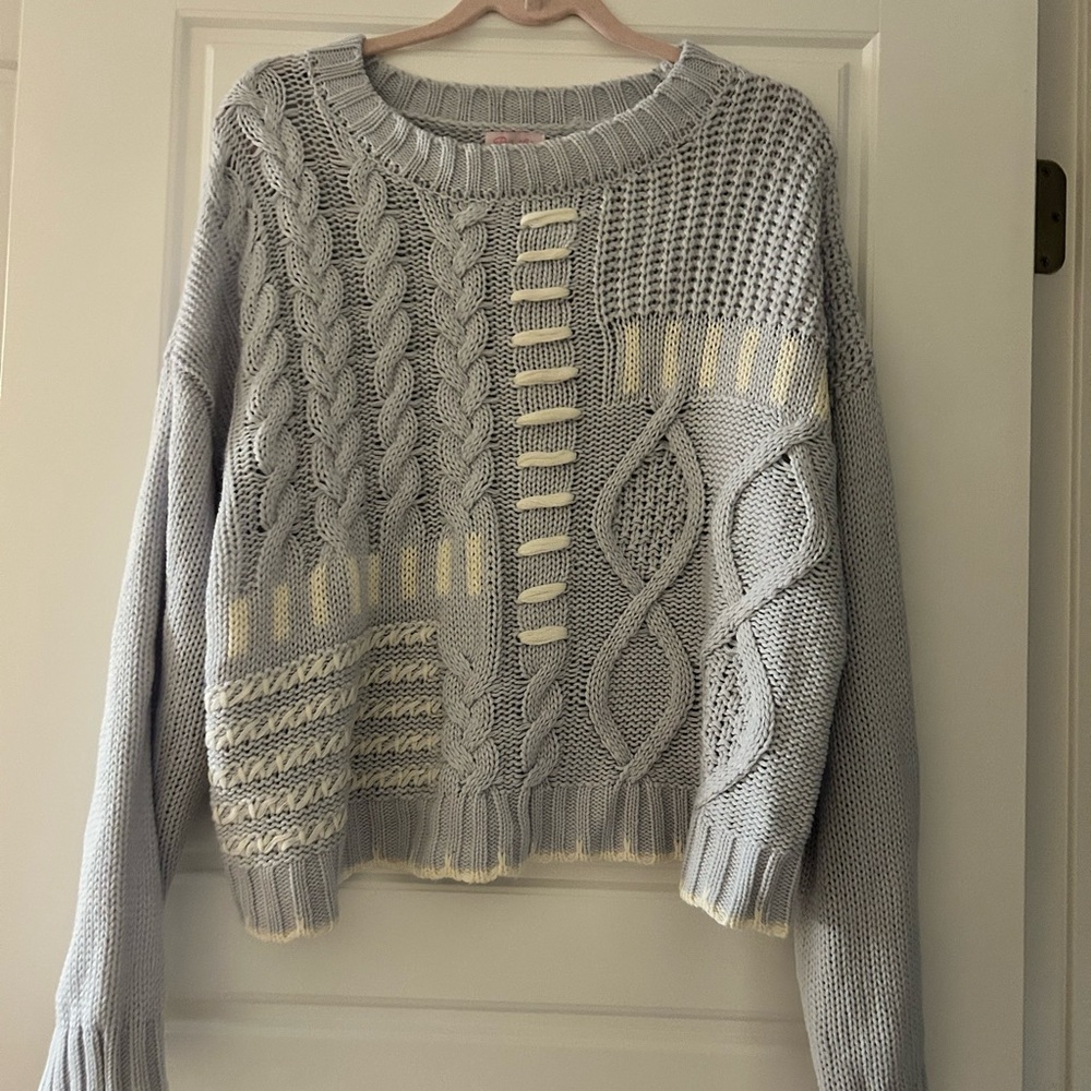 Patchwork Knit Sweater - Light Blue Gray